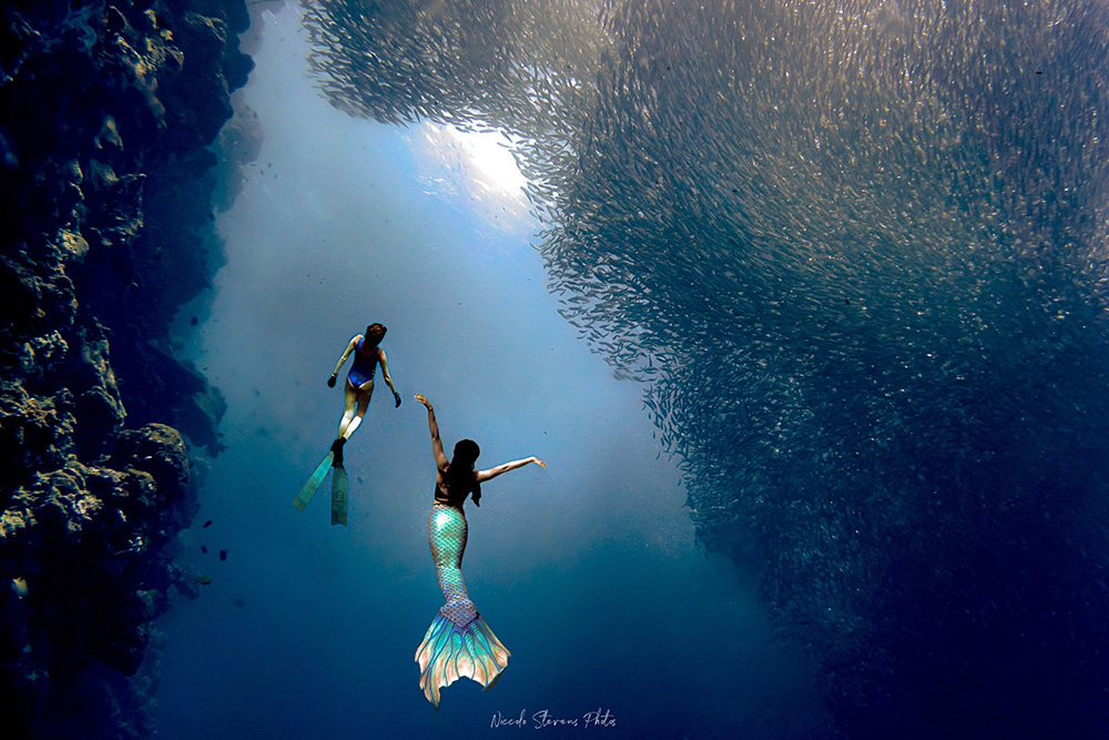 mermaid and freediver with fish