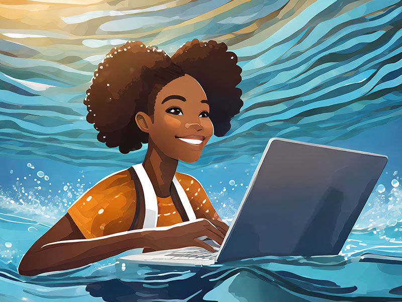Illustrated image of girl on computer surrounded by waves