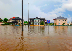 Street view of houses during a flood