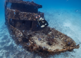 Diver floating over shipwreck